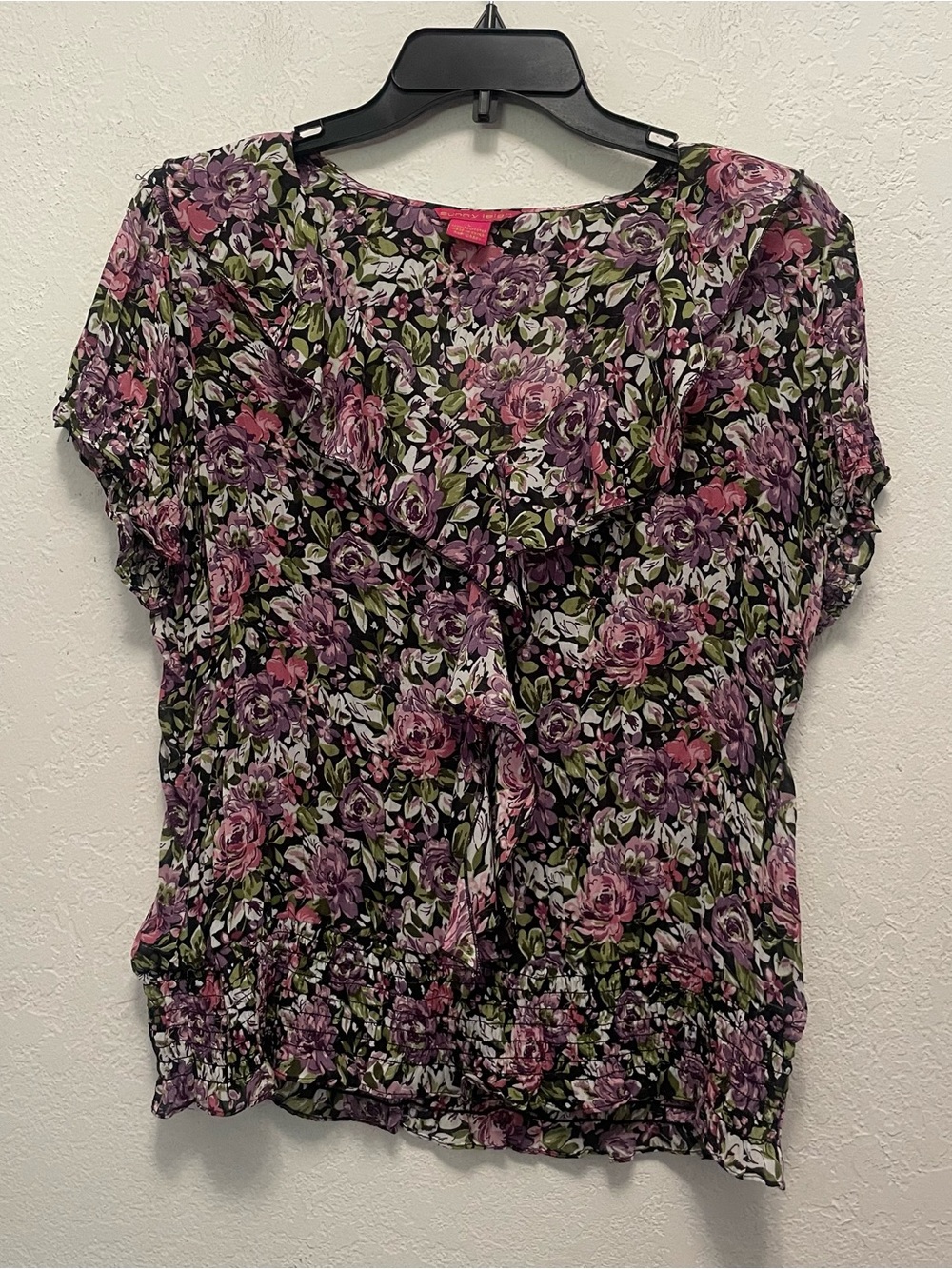 Sunny Leigh Purple Pink Floral Ruffle Short Sleeve Pleated Sheer Size L